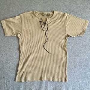 Vtg Y2K Decoded Ribbed Lace Up Henley Shirt Cream Lettuce Trim Bella Swan